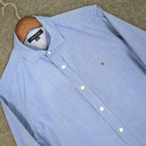 Tommy Hilfiger Mens Medium Blue Long Sleeve Button Down Shirt Embroidered Logo